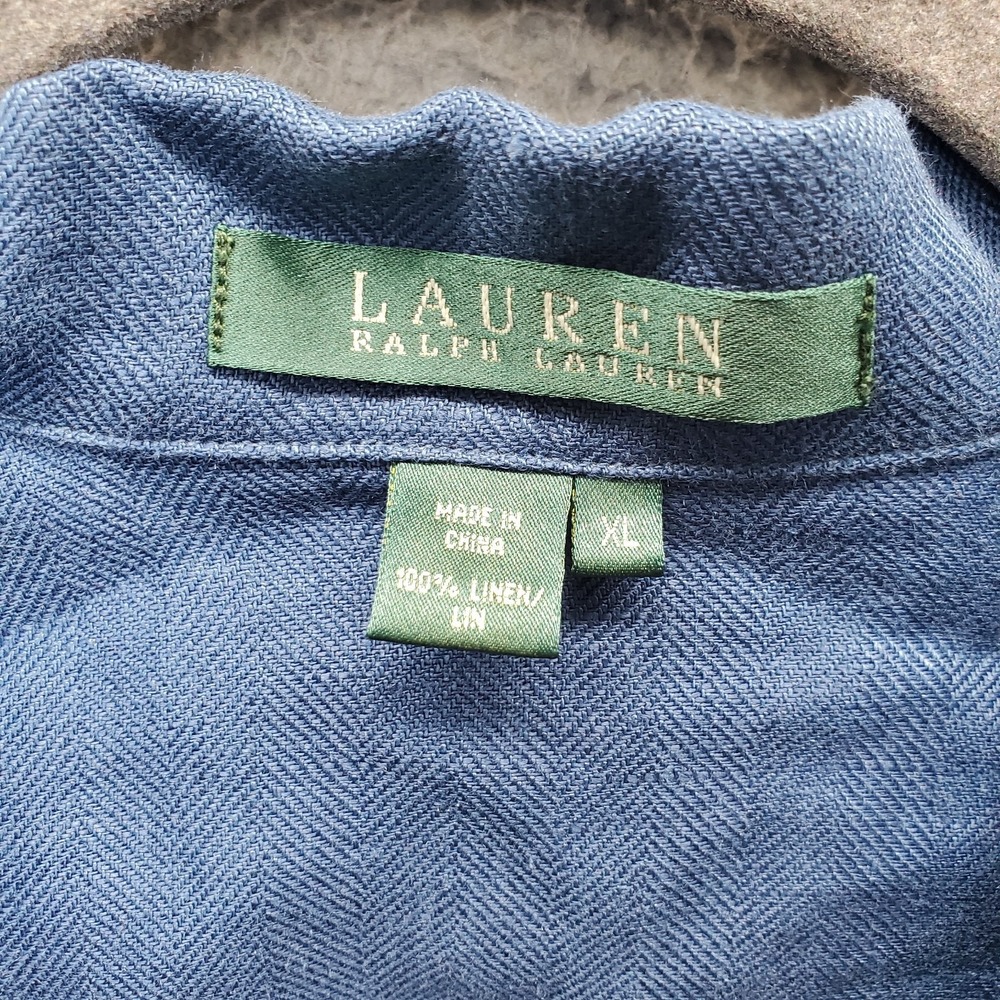 Lauren Ralph Lauren Button-Up Shirt Womens XL Blue Herringbone Linen Long-Sleeve - Picture 5 of 8